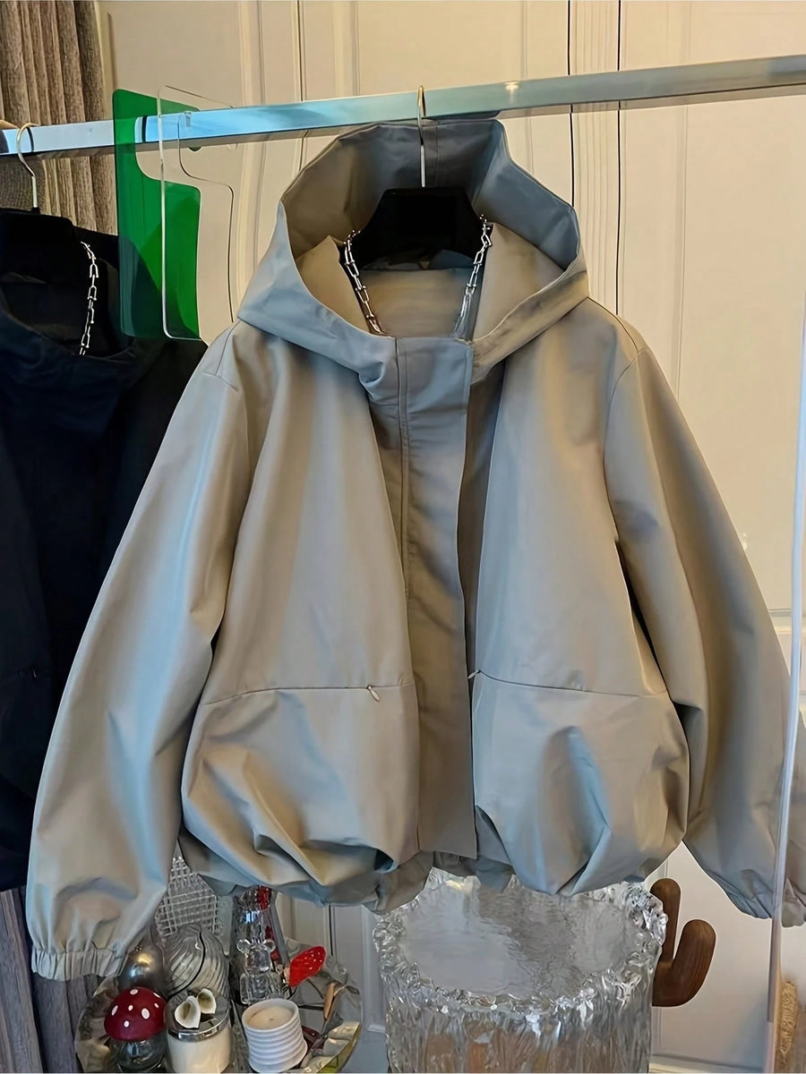 Women's Fashion Spring/Fall Hooded Zipper Windbreaker Jacket, High-End Style, 2025 New European Collection