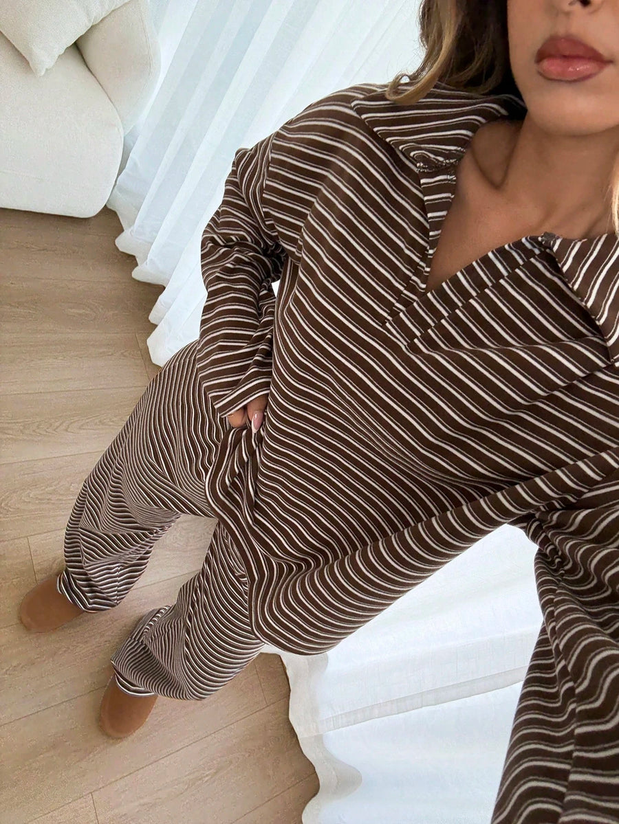 Revolle London Women's 2-Piece Set Loose Brown Striped V-Neck Drop Shoulder Long Sleeve T-Shirt And Elastic Waist Pants, Winter Sweater Set, Autumn, Casual, Travel