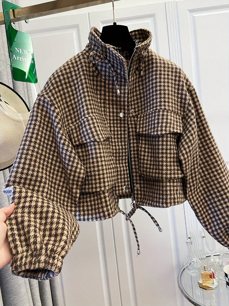 Short, Plaid-Patterned Woven Jacket for Women, Stand-Up Collar, Long Sleeves, Zipper-Front Retro Bomber Jacket