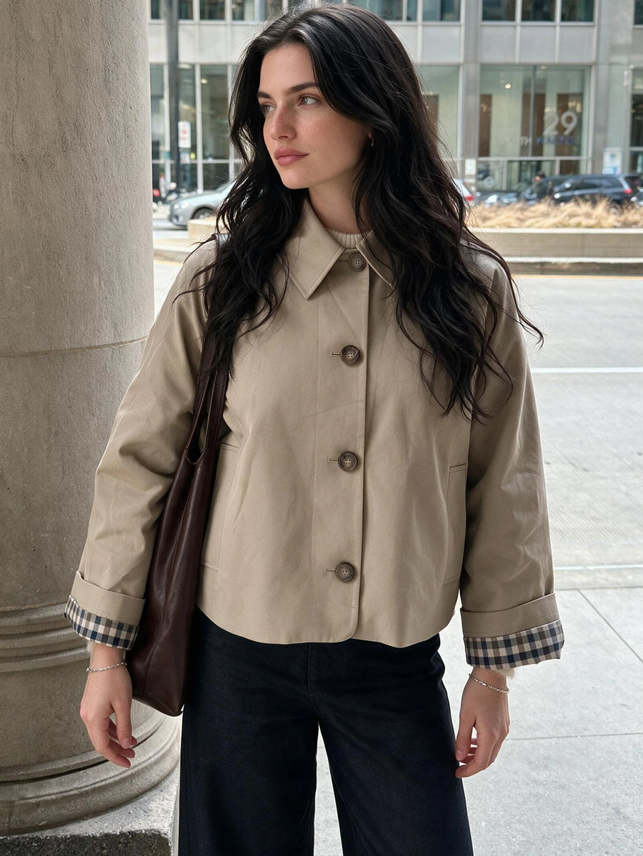 Women's Vintage Ecoase Color-Block Jacket, Minimalist Short Collar, Warm Polyester Blend, Button-Front Long Sleeves, Fall/Winter Casual Workwear