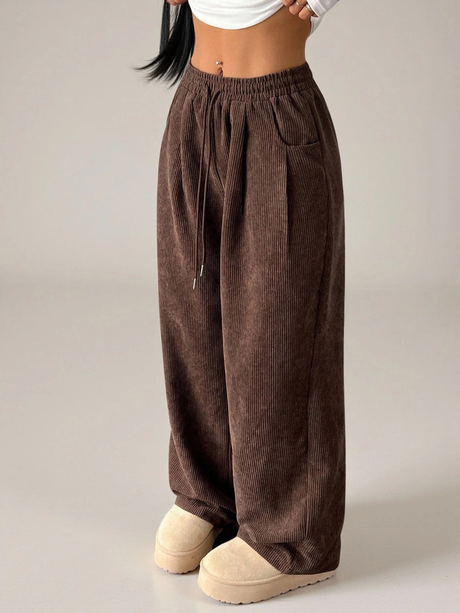 Revolle London Women's Fall and Winter Street Style Casual Retro Velvet-Textured Wide-Leg Pants, for Petite Women